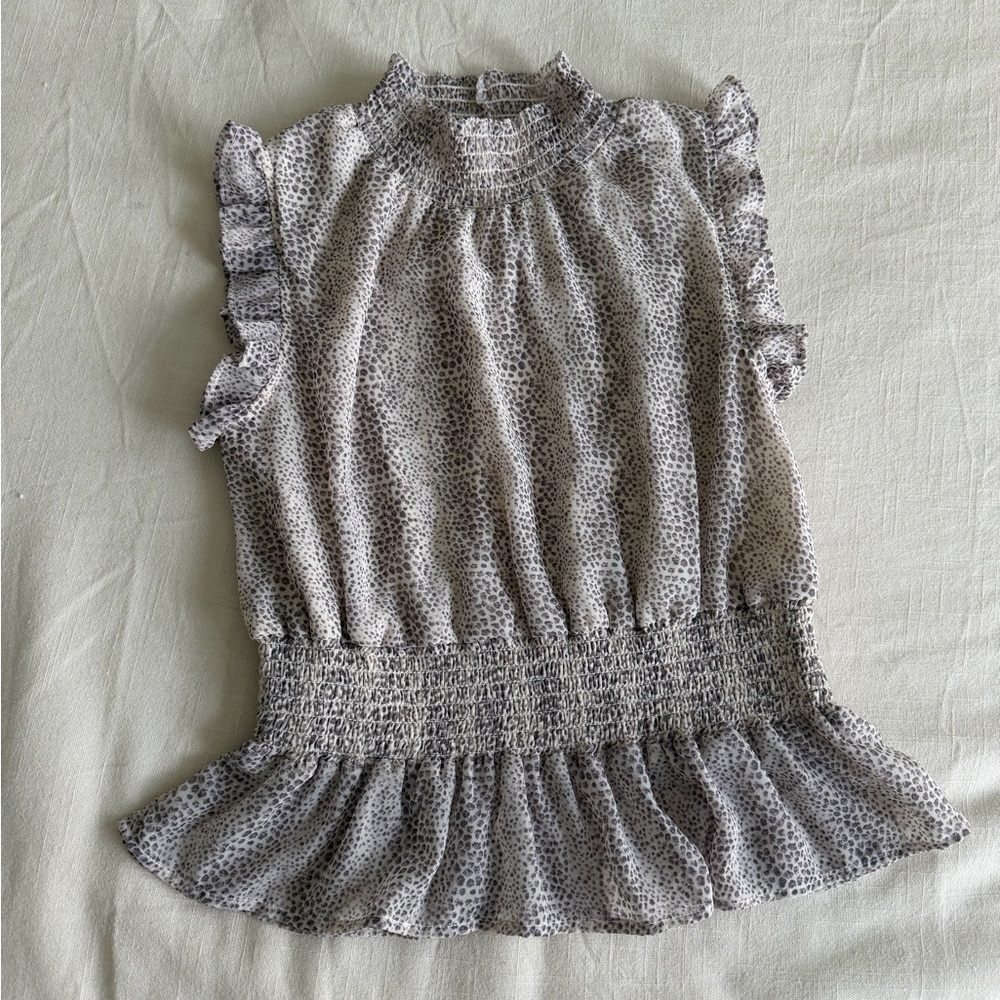 Japna Gray Dot Smocked Waist Ruffle Sleeveless Blouse